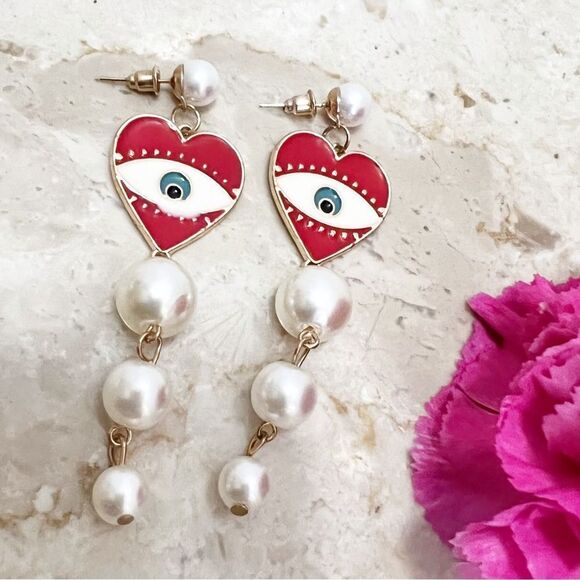 Crimson and Pearl Evil Eye Dangle Post Earrings NWT - Picture 7 of 11